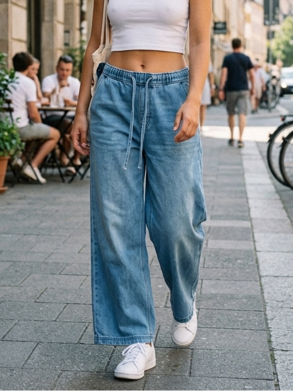 NWT Future Collective Women Mid-Rise Wide Leg Denim Drawstring Pull-On Pants S